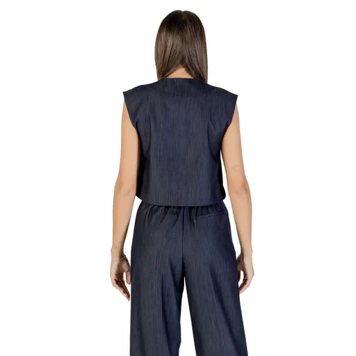 Dark blue sleeveless top and wide-leg pants set from Ichi Women Blue Sleeveless Button Gilet with Round Neck