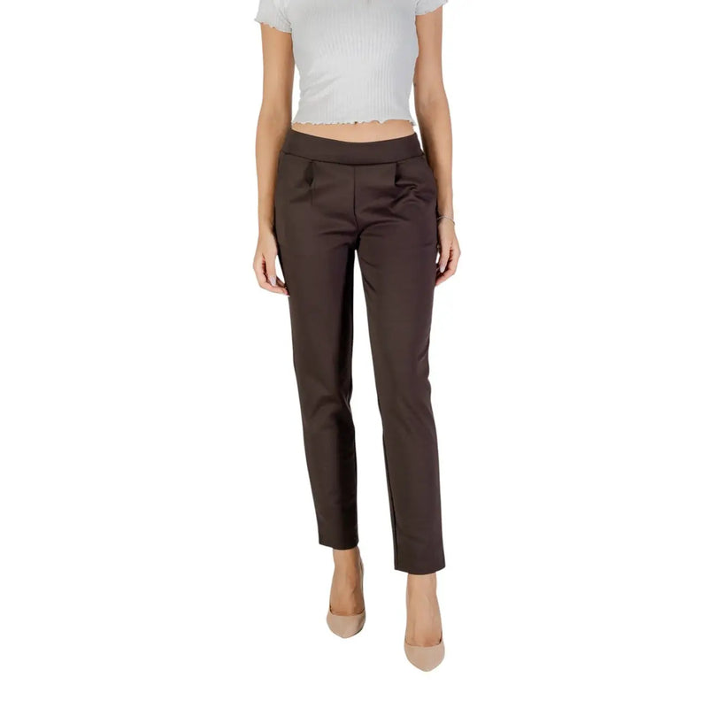 Pantalon marron tailleur à taille élastiquée pour femme, coupe droite élégante, en polyester. Ichi