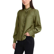 Ichi Women Green Mandarin Collar Viscose Shirt in olive green satin with ruffles