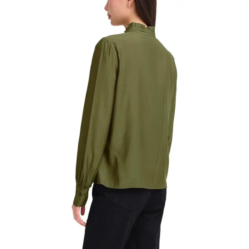 Ichi Women Green Mandarin Collar Viscose Shirt with ruffled neckline