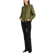 Ichi Women green mandarin collar viscose shirt in olive satin with ruffles