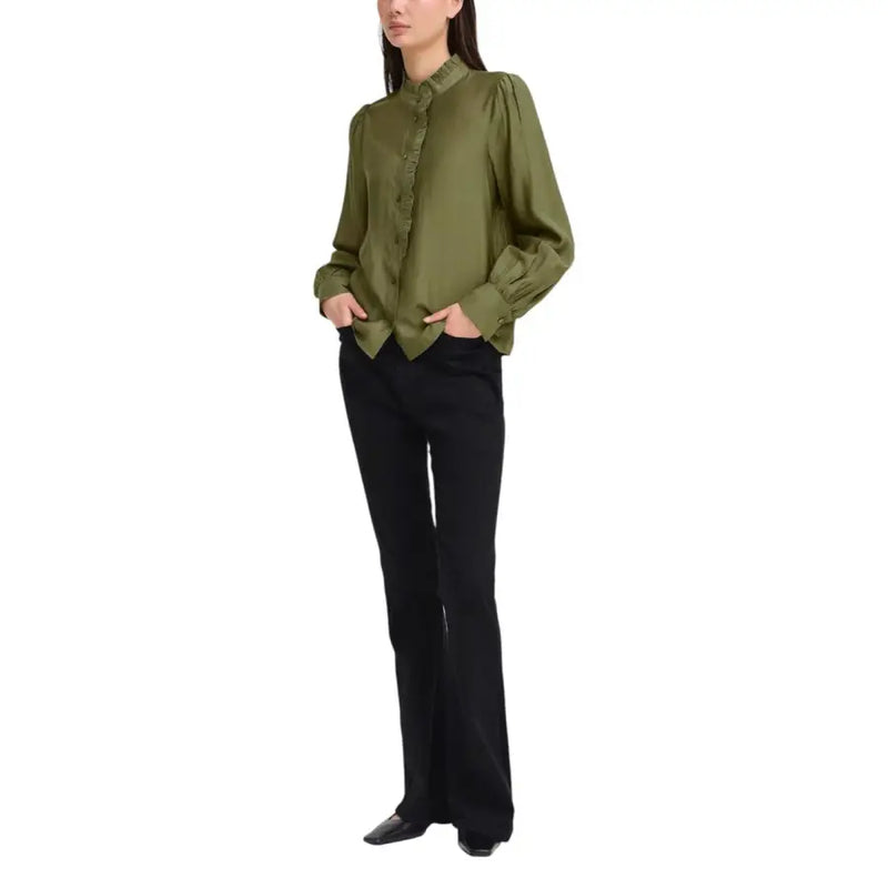 Ichi Women green mandarin collar viscose shirt in olive satin with ruffles