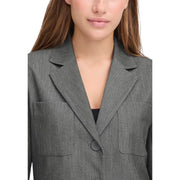 Ichi women grey polyester blazer with textured fabric long v neck notched lapels and flap pockets
