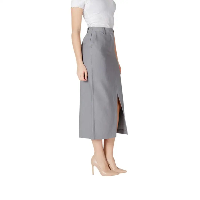 Ichi women grey spring summer midi skirt with sleek straight cut side slit and functional pockets