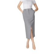 Ichi women grey mid-calf pencil skirt with pockets tailored fit and front slit for spring summer wear
