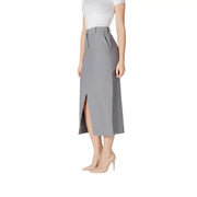 Ichi women grey spring summer skirt featuring a sleek mid-calf pencil design with side slit and front pockets