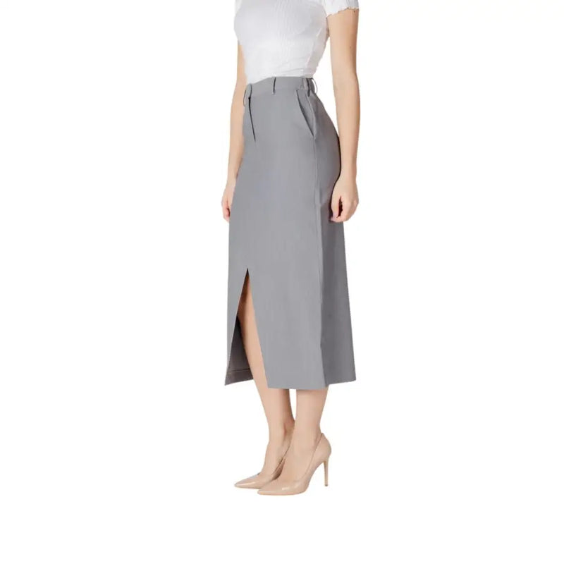 Ichi women grey spring summer skirt featuring a sleek mid-calf pencil design with side slit and front pockets
