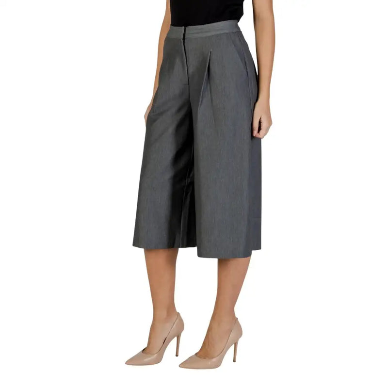 Ichi Women Grey Pleated Wide-Leg Culottes with Zip and Pockets