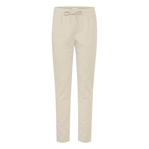 Ichi Pantalon beige pour femme avec poches avant en dentelle et coupe fuselée, orné de subtils plis sur le devant.