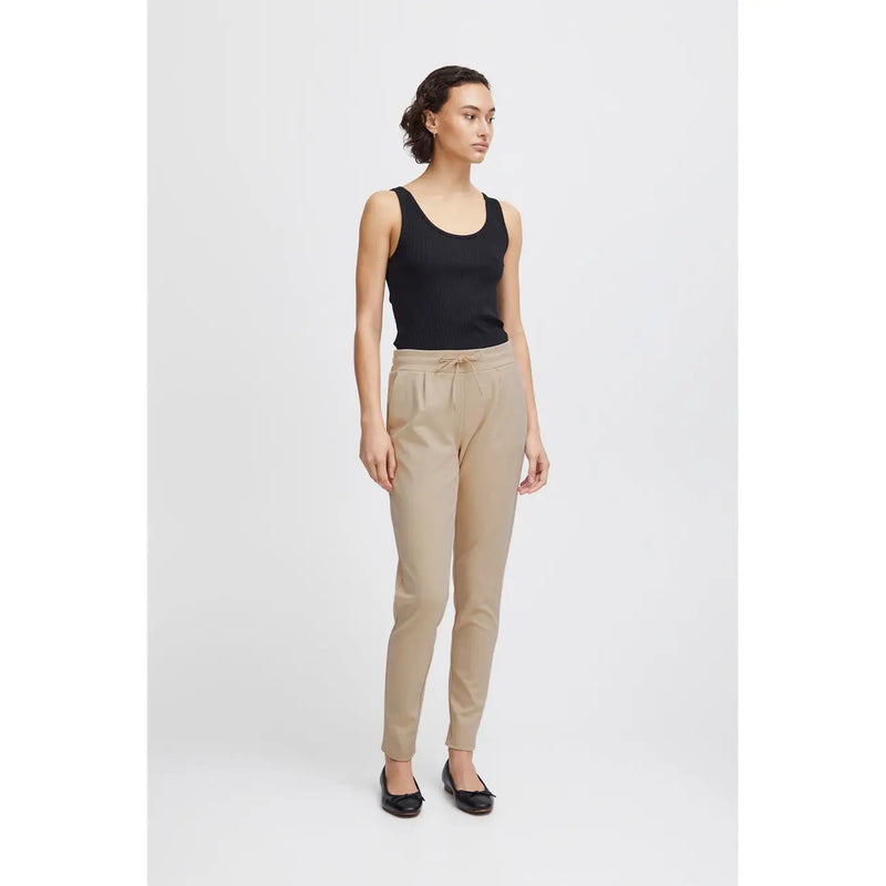 Beige ichi Pantalon pour femme avec poches avant en dentelle et taille élastiquée à cordon, coupe décontractée et jambes fuselées