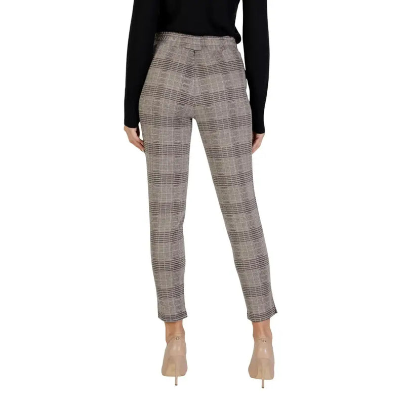 Ichi Women’s beige checked trousers with fitted waistband