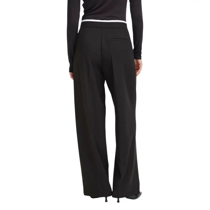 Ichi women’s black wide-leg trousers with laces, front pockets, white waistband