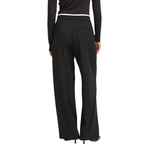 Ichi women’s black wide-leg trousers with laces, front pockets, white waistband