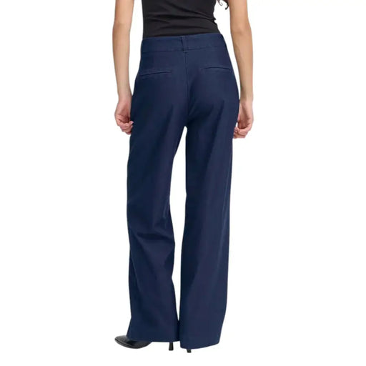 Ichi Women’s navy blue high-waisted wide-leg cotton blend trousers