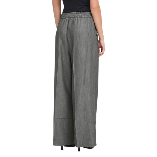 Ichi Women’s Grey Striped Wide-Leg Trousers with Elastic Waistband