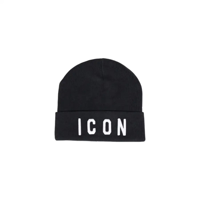 Black beanie with ’icon’ text in white, folded cuff design.