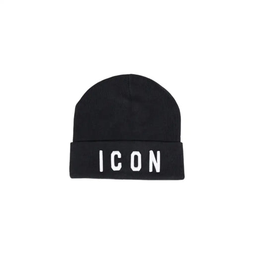 Black beanie with ’icon’ text in white, folded cuff design.
