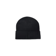 Black beanie hat with fold-over cuff, made of soft knit material.
