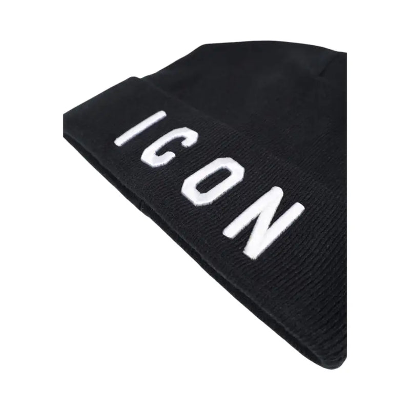Black beanie with white ’icon’ text design, likely made of wool or acrylic.