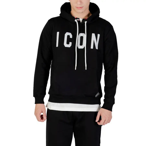 Icon Sweat à capuche noir en coton mélangé pour homme avec des empiècements blancs contrastants icon imprimé, cordons de serrage blancs contrastants et étiquette de marque