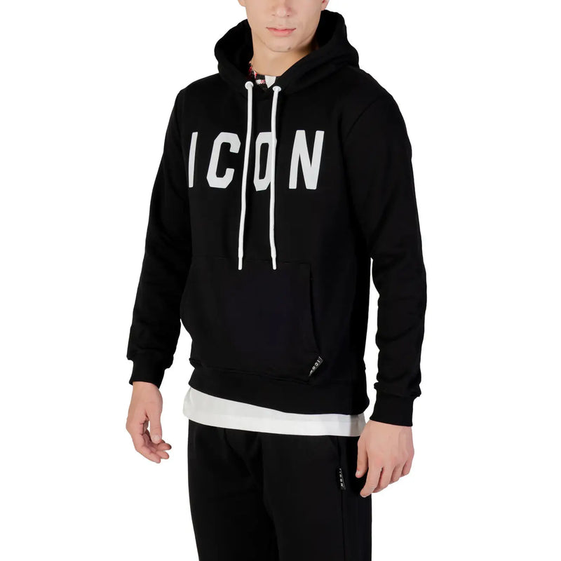 Black cotton blend men hooded sweatshirt with bold white icon print and matching white drawstrings across the chest