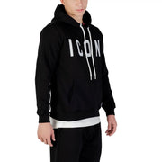 Black cotton blend hooded sweatshirt with white icon lettering and matching drawstrings for men