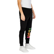 Icon men black laced printed trousers featuring black jogger pants with a rainbow-colored vertical logo for fall winter