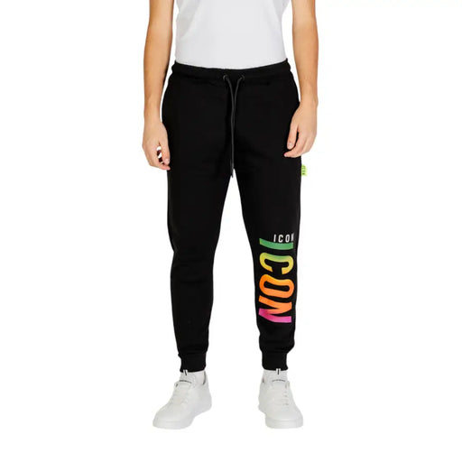 Icon men black laced printed trousers with vibrant rainbow icon logo down the left leg for fall winter wear