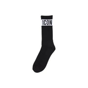 Black mid-calf socks with ICON written in white on the cuff for spring summer comfort