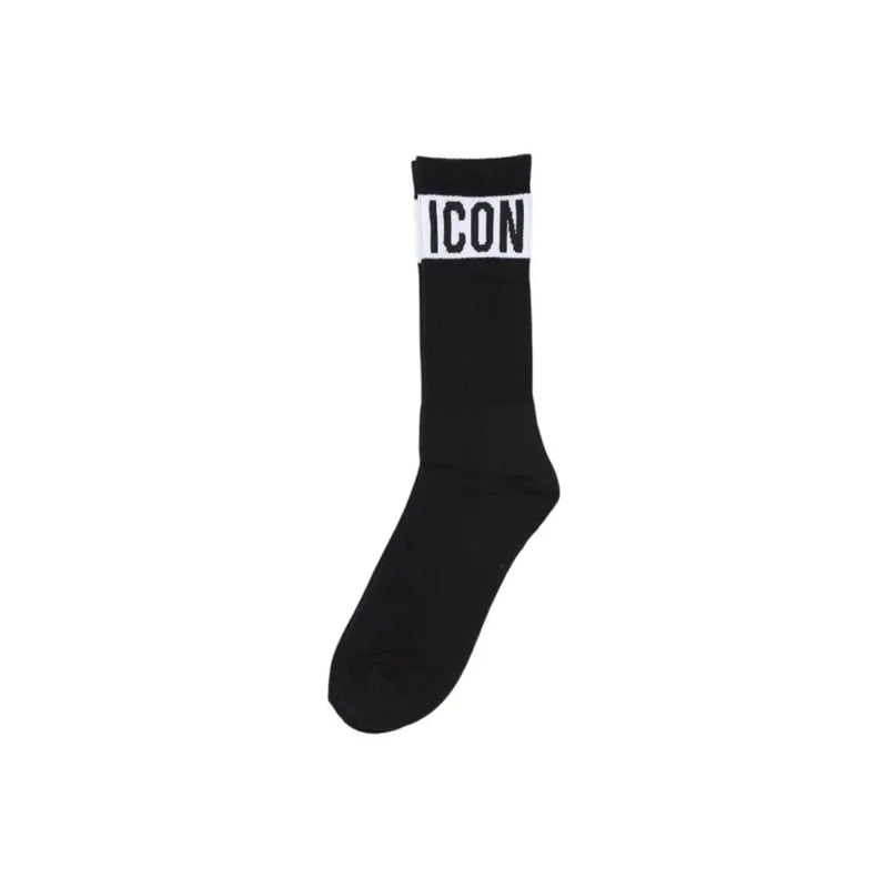 Black mid-calf socks with ICON written in white on the cuff for spring summer comfort