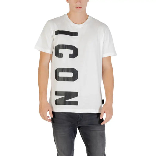 T-shirt blanc à col rond pour homme T-shirt avec du noir vertical ICON vue de face imprimée
