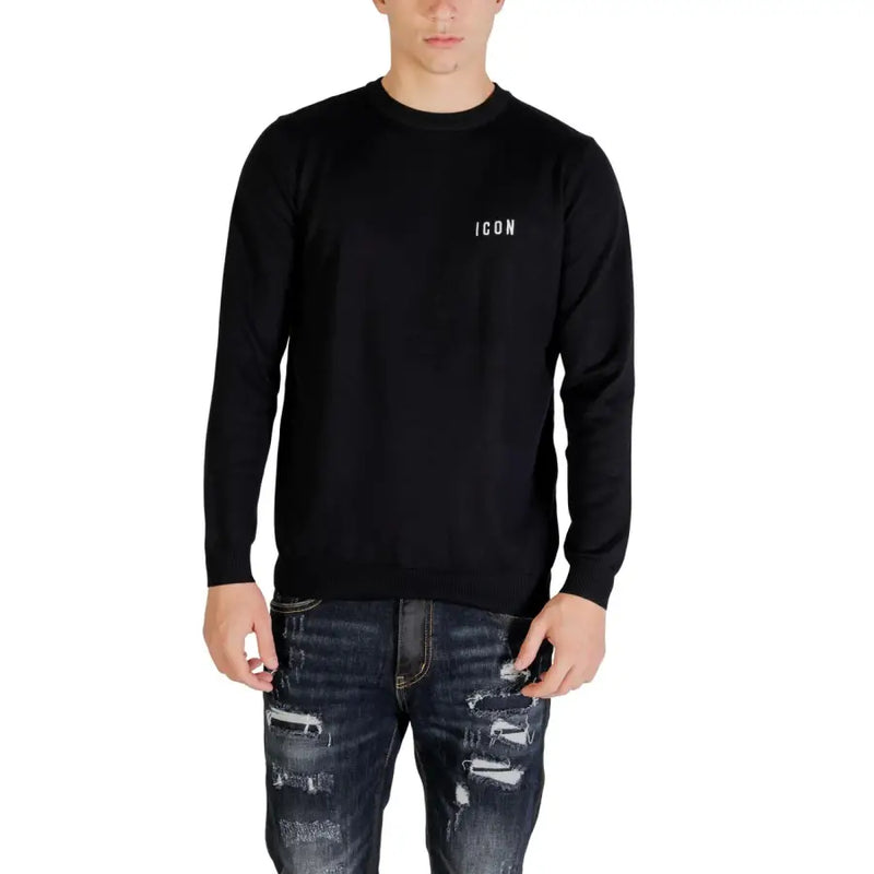 Sweat-shirt noir à manches longues avec de subtiles touches de blanc icon logo en maille de viscose mélangée pour hommes