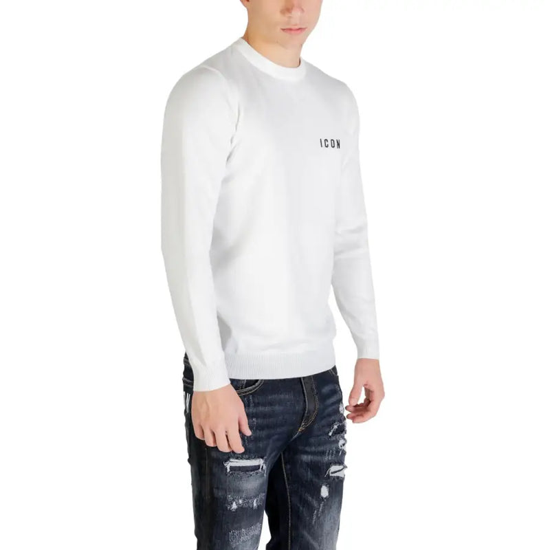 Pull blanc à manches longues et col rond avec des détails noirs icon broderie sur la poitrine gauche en maille de viscose mélangée