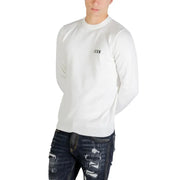Pull blanc à manches longues et col rond en viscose mélangée avec petits détails noirs icon logo sur la poitrine gauche pour les vêtements en maille pour hommes