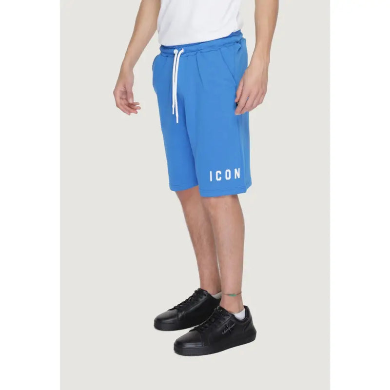 Icon men light blue cotton shorts featuring bright blue color white drawstrings and bold icon logo on the side