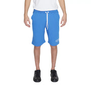 Bright blue cotton shorts for men with white drawstrings and subtle icon logo on left leg in light blue color