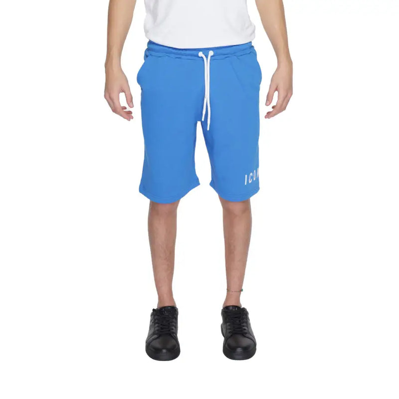 Bright blue cotton shorts for men with white drawstrings and subtle icon logo on left leg in light blue color