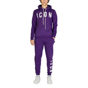 Ensemble sweat-shirt à capuche et pantalon de jogging assorti en molleton de coton violet pour homme, avec cordons de serrage blancs et inscription verticale.