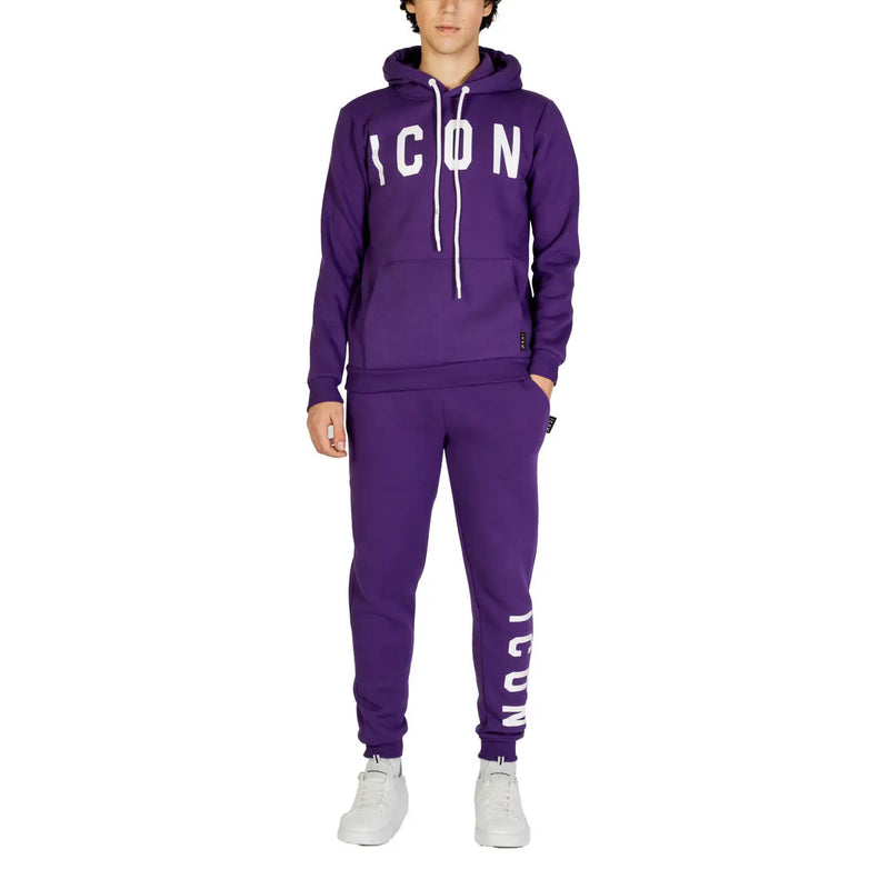 Ensemble sweat-shirt à capuche et pantalon de jogging assorti en molleton de coton violet pour homme, avec cordons de serrage blancs et inscription verticale.