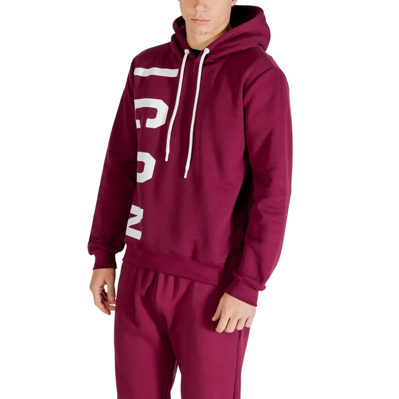 Maroon cotton Icon men sweatshirt with white drawstrings and bold vertical lettering on the front in a round neck hoodie style