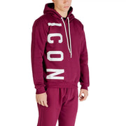 Icon men sweatshirt bordeaux cotton round neck hoodie with maroon color, bold white vertical lettering, and matching drawstrings