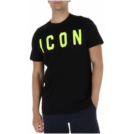 T-shirt noir à manches courtes en coton avec un motif vert fluo éclatant icon Inscription sur la poitrine, modèle iut001