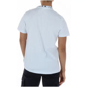 Icon T-shirt polo blanc en coton à manches courtes pour homme, col côtelé, orné du logo emblématique en lettres noires.
