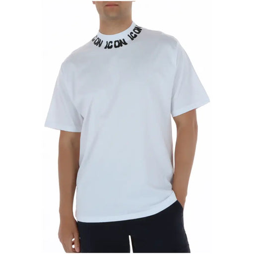 T-shirt homme en coton blanc à col rond noir icon lettrage autour du col, motif à manches courtes