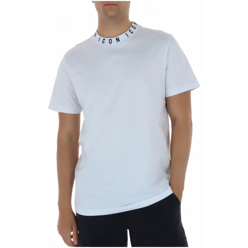 T-shirt homme blanc en coton à col rond et manches courtes, avec un liseré noir. icon bande logotée autour du col