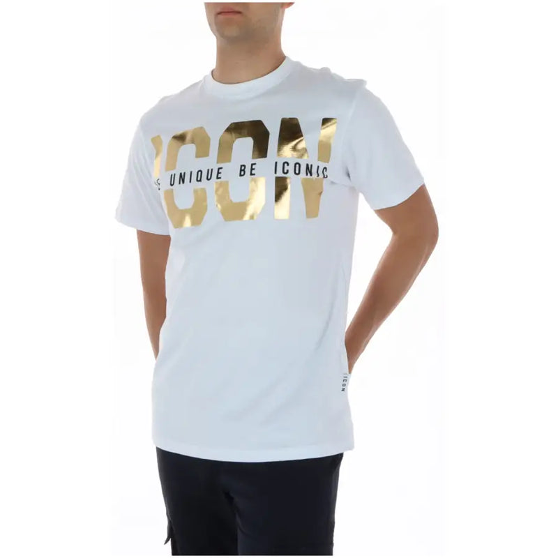 T-shirt blanc à col rond pour homme, 100 % coton, avec des inscriptions dorées éclatantes. icon lettrage et impression unique et emblématique
