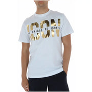 T-shirt homme en coton blanc à col rond orné de feuilles d'or. icon impression de phrase graphique et unique emblématique