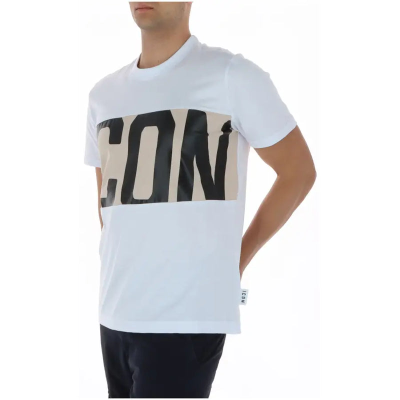 T-shirt homme en coton blanc, col rond, imprimé noir et beige. icon imprimé sur la poitrine