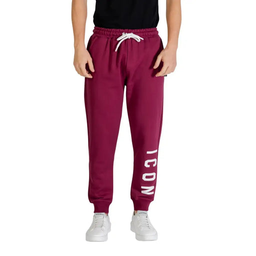 Icon Pantalon de jogging bordeaux pour homme avec cordon de serrage blanc et rayures verticales icon inscription sur la jambe