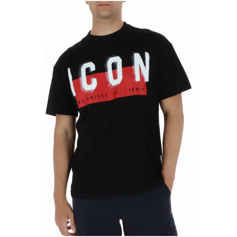 T-shirt noir en coton à col rond avec des empiècements blancs audacieux icon lettrage et bande rouge présentant un texte unique et emblématique